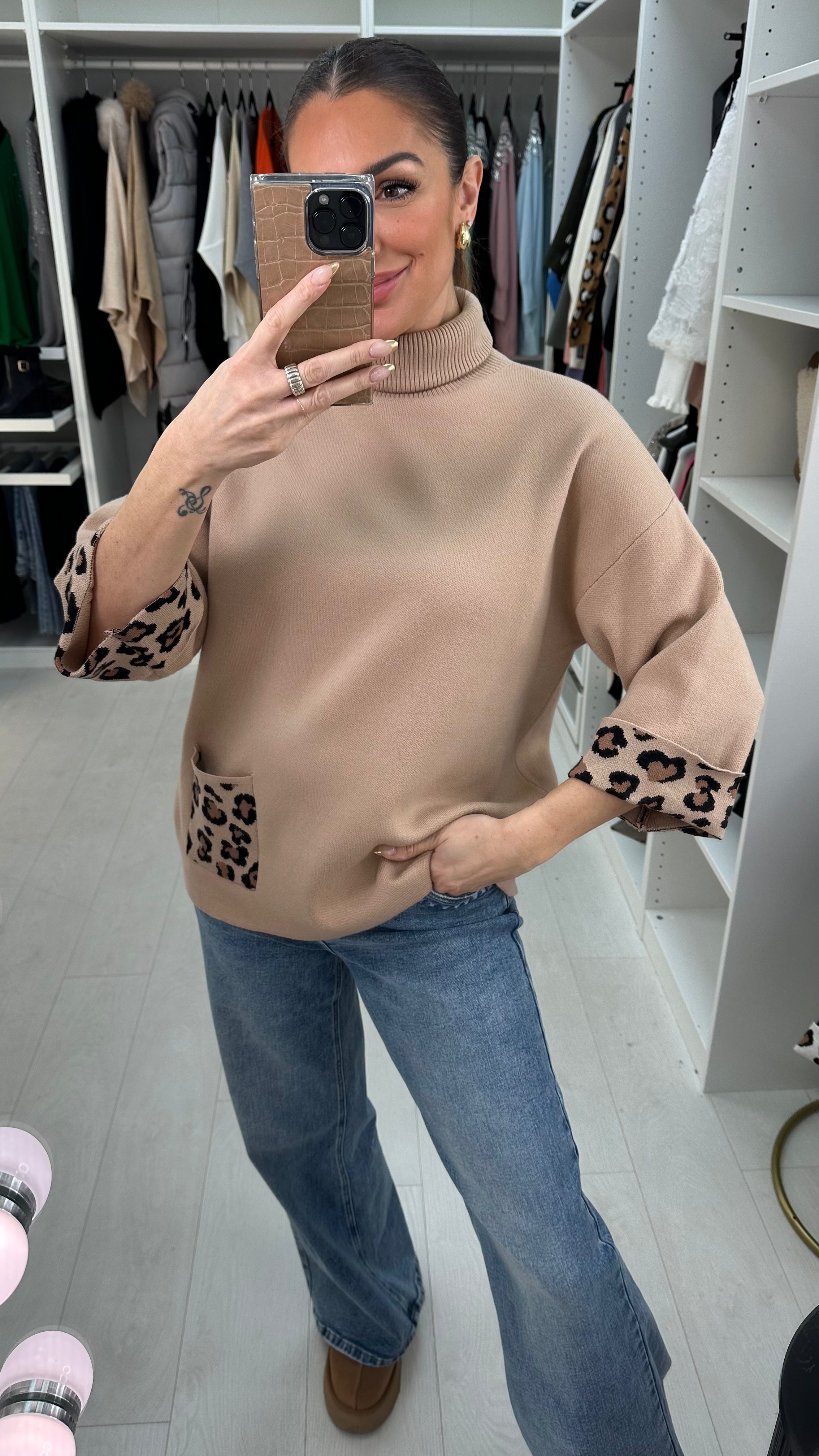 Sophie Leopard Print Pocket Front 3/4 Sleeve Jumper