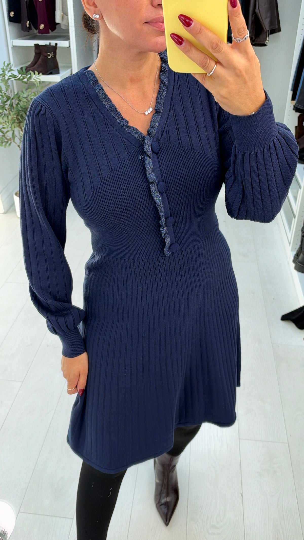 Ilona Plain V Neck Button Detail Ribbed Dress