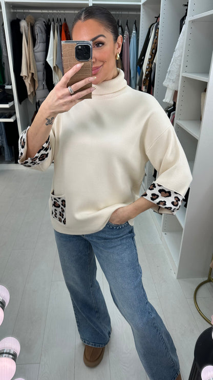 Sophie Leopard Print Pocket Front 3/4 Sleeve Jumper