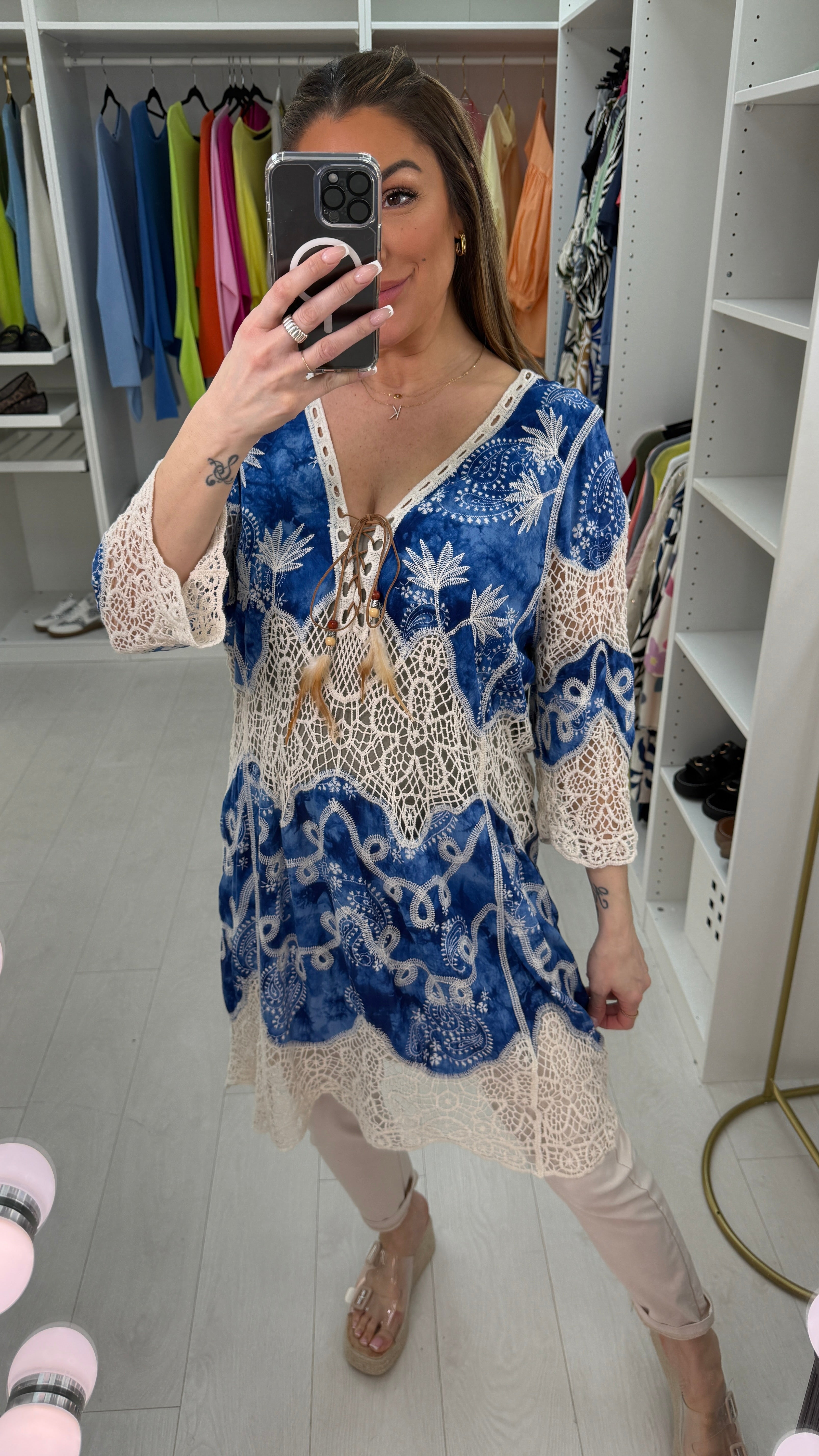 Trixy Denim Blue Crochet Tie Front Tunic