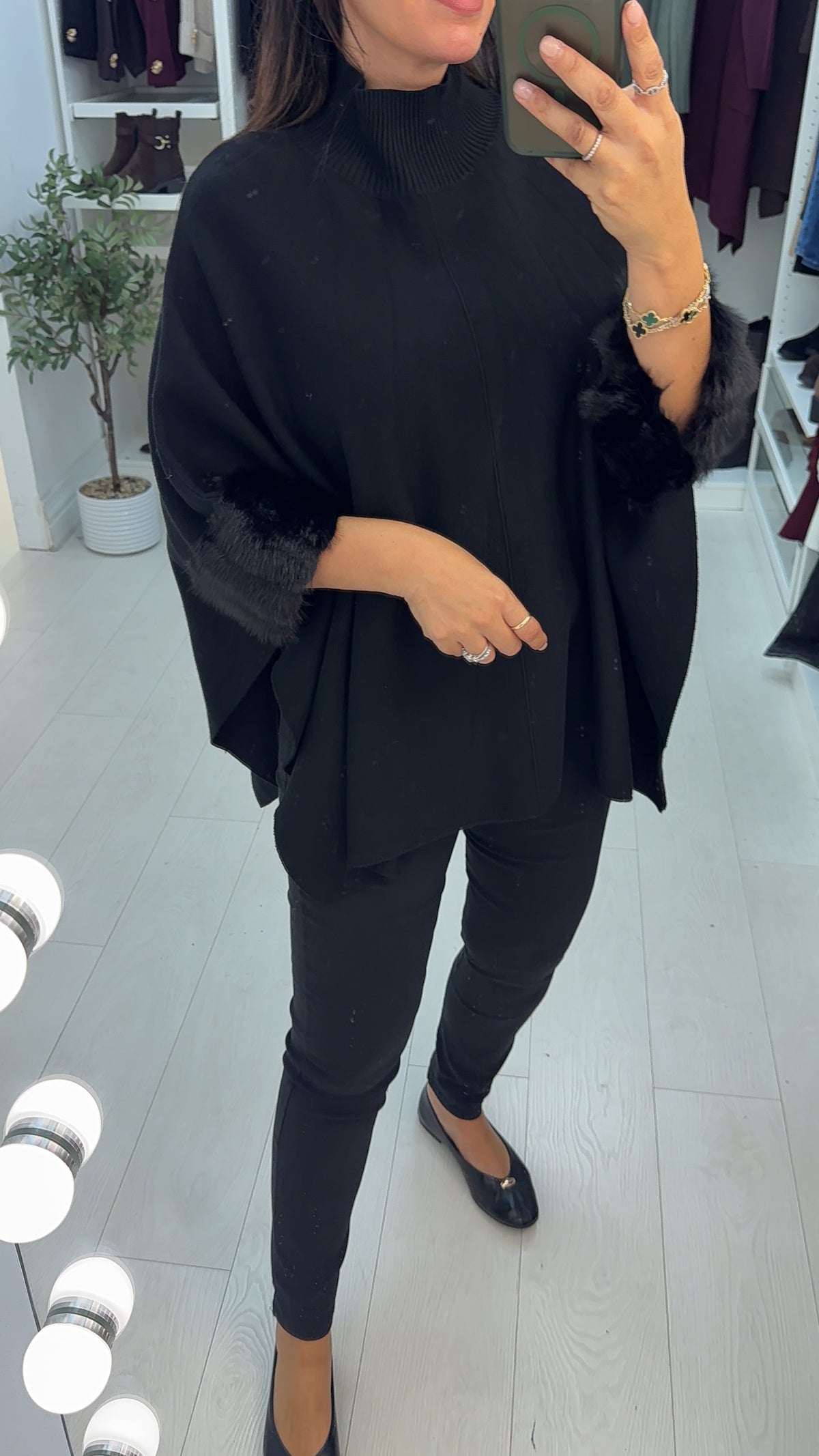 Pheobe Plain High Neck Faux Fur Detail Poncho