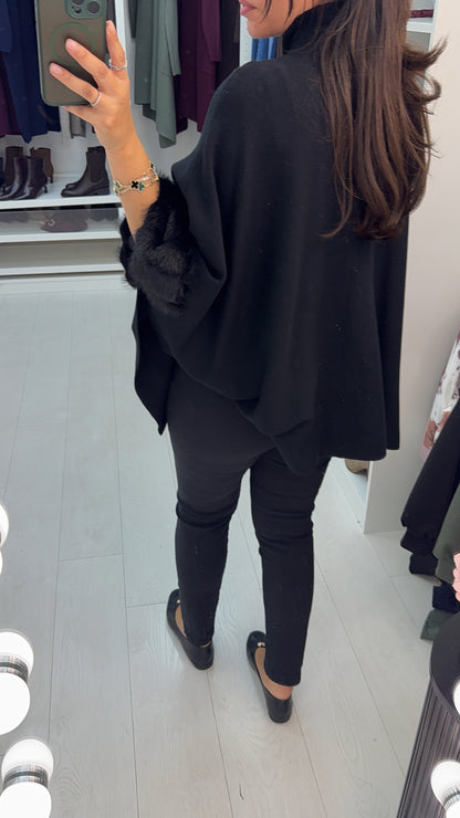Pheobe Plain High Neck Faux Fur Detail Poncho