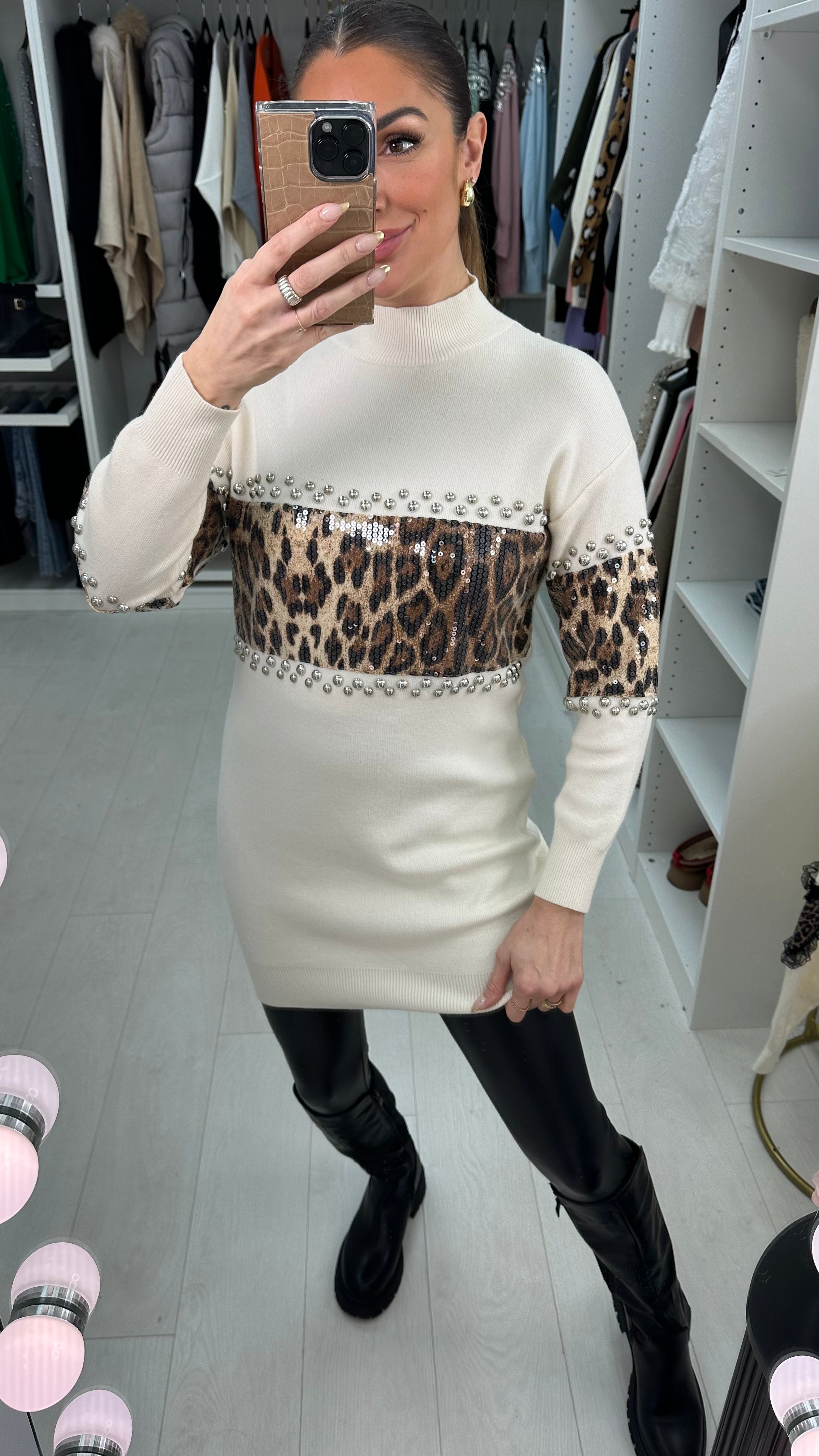 Sacha Leopard Print Embellished Detail Longline Jumper