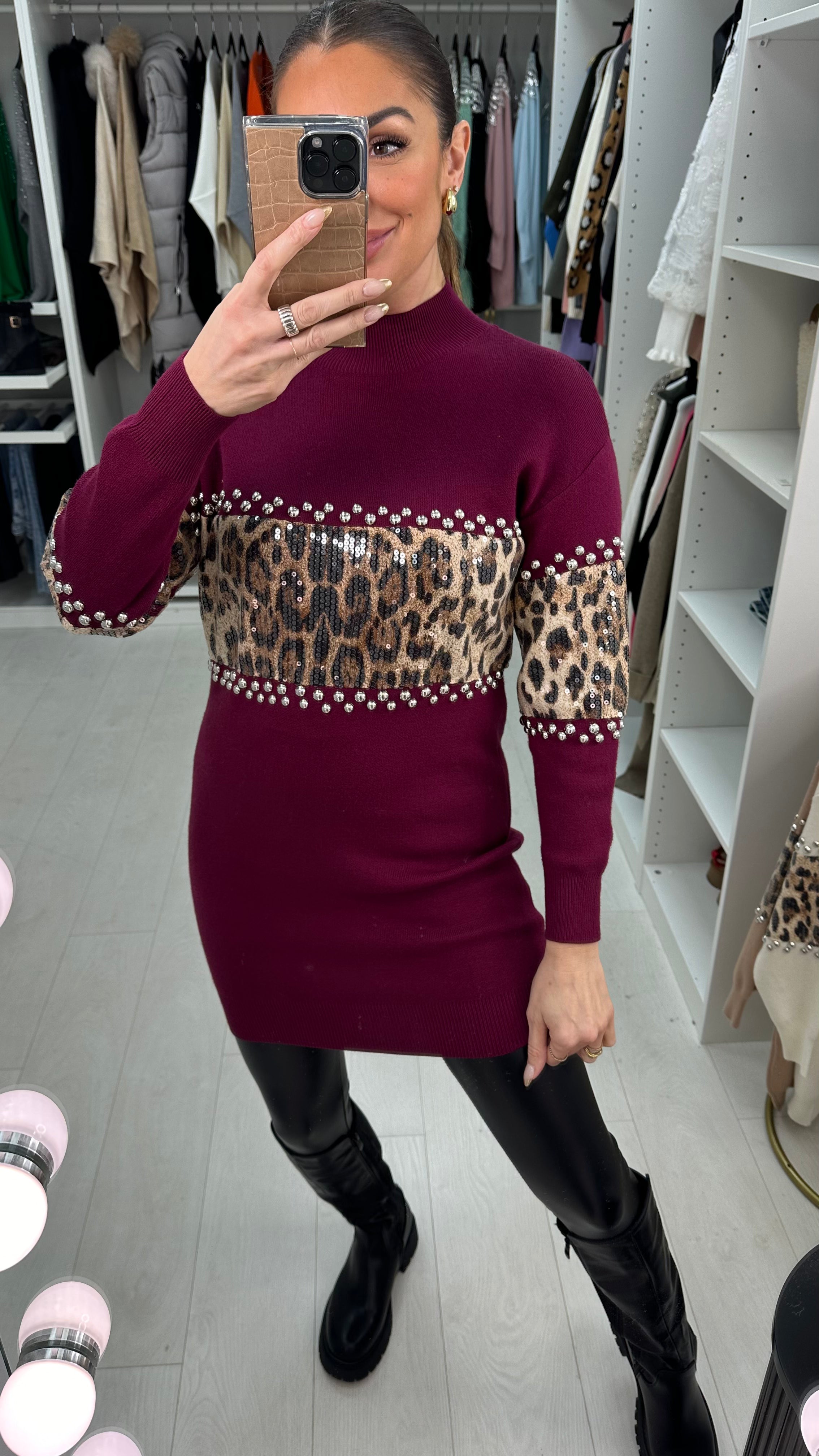Sacha Leopard Print Embellished Detail Longline Jumper