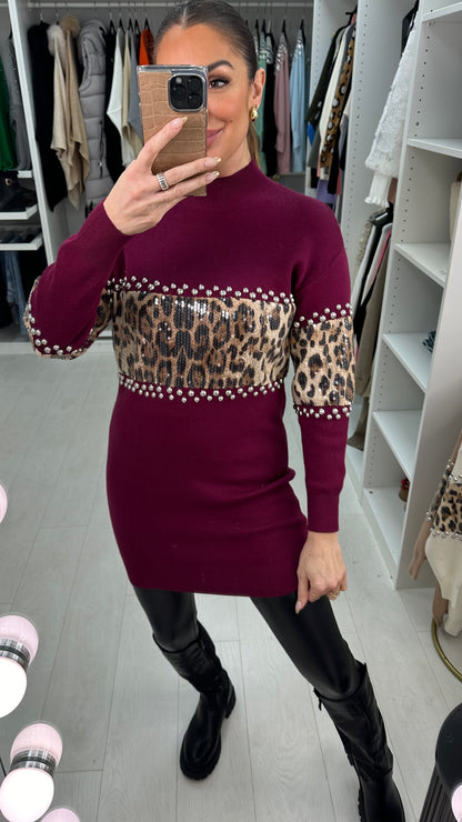 Sacha Leopard Print Embellished Detail Longline Jumper