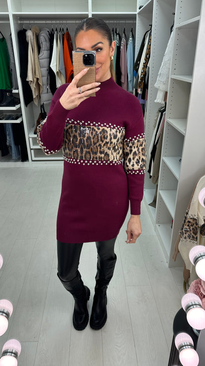 Sacha Leopard Print Embellished Detail Longline Jumper
