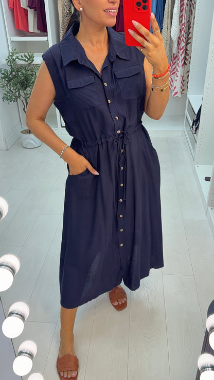 Vivianne Plain Drawstring Waist Shirt Dress