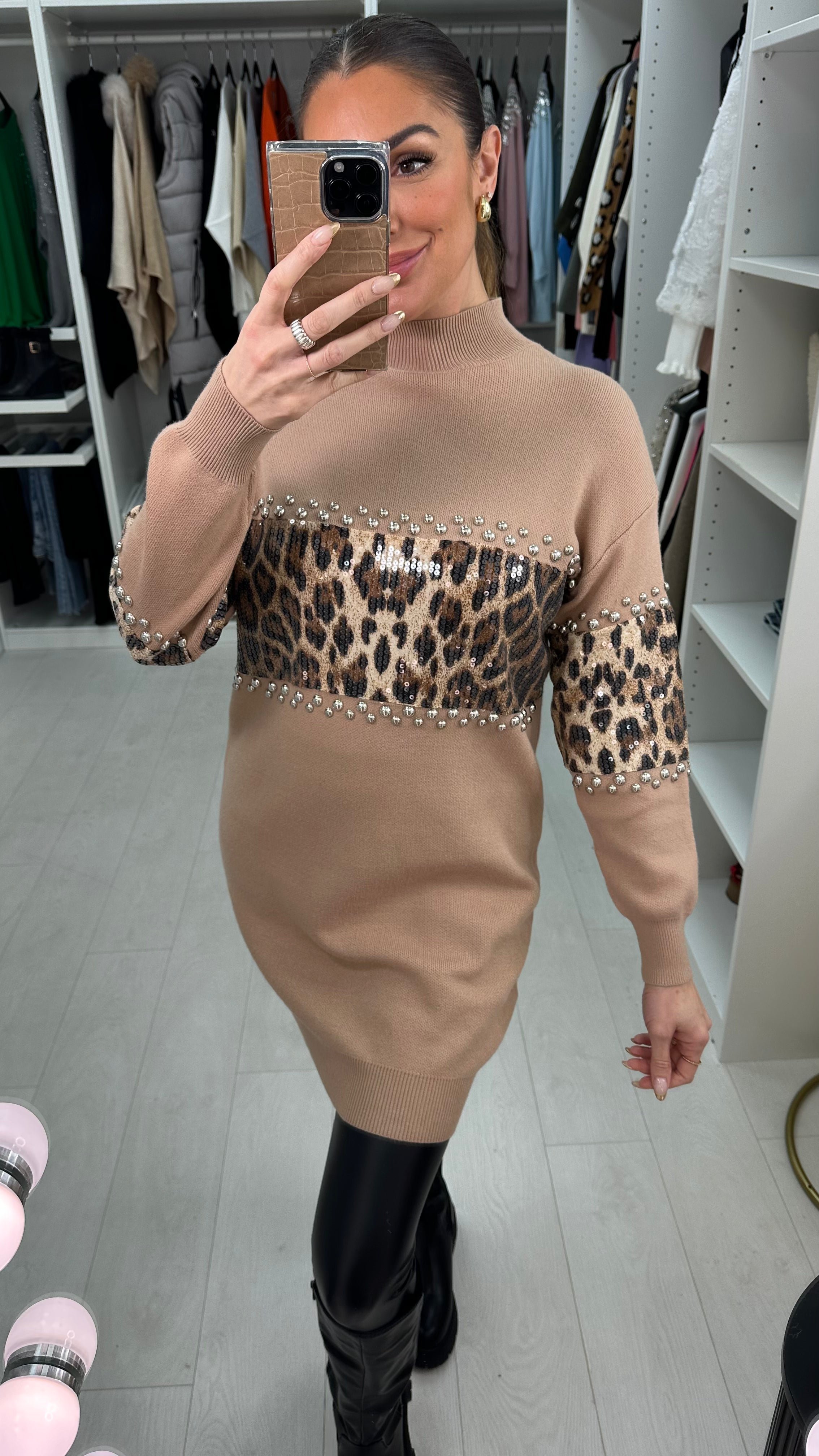 Sacha Leopard Print Embellished Detail Longline Jumper