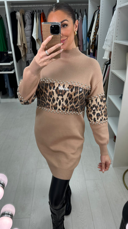 Sacha Leopard Print Embellished Detail Longline Jumper