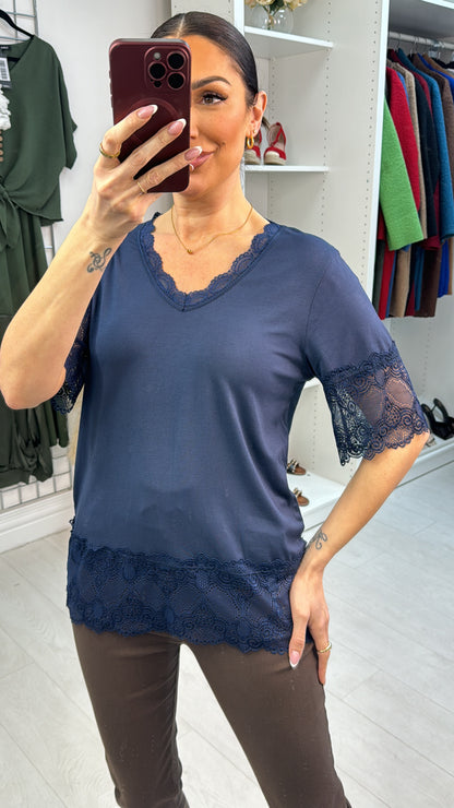 Lola Plain Lace Trim Short Sleeve Top