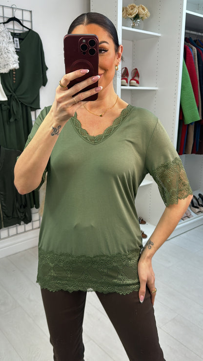 Lola Plain Lace Trim Short Sleeve Top