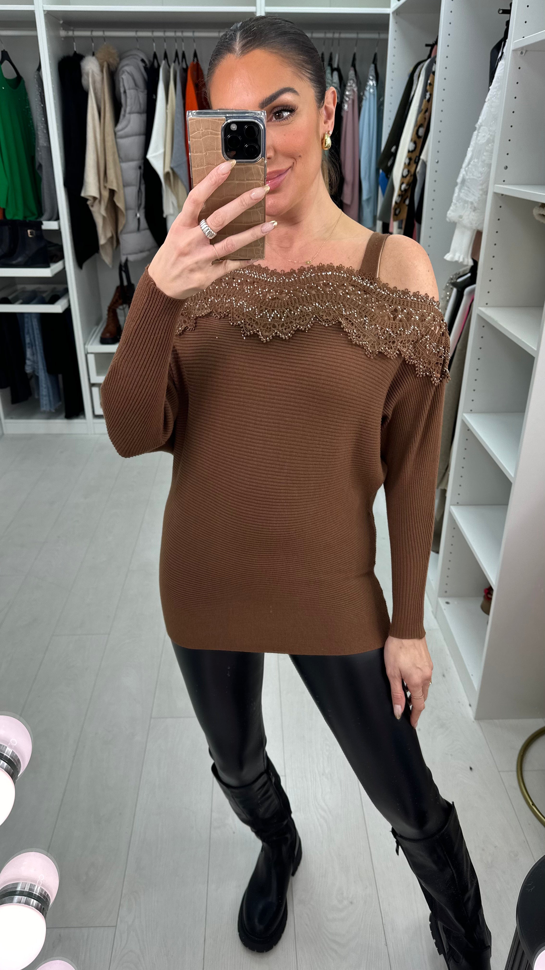 Glamma Crochet Diamante Strappy Bardot Jumper