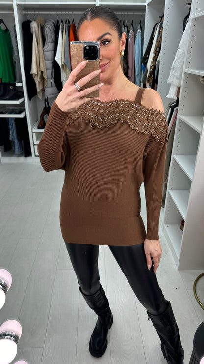 Glamma Crochet Diamante Strappy Bardot Jumper