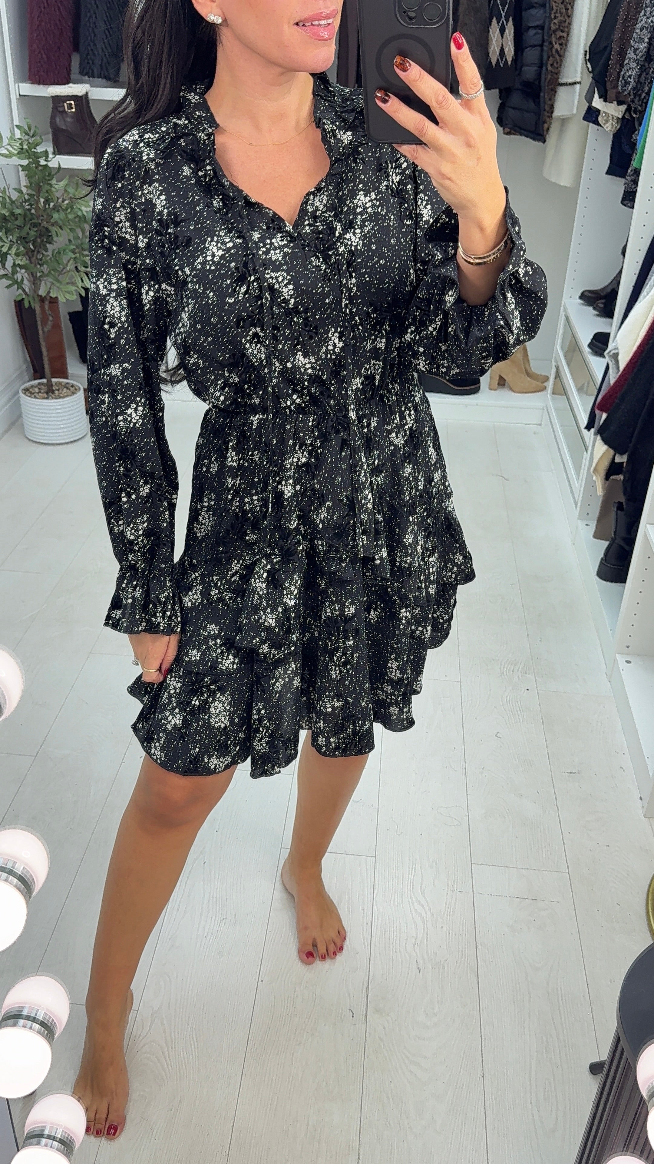 Mckenna Floral Print V Neck Ruffle Dress