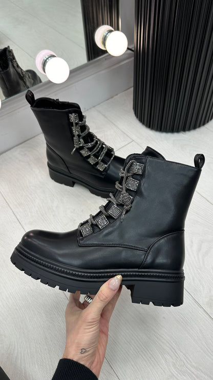 Kayley Faux Leather Diamante Lace Biker Boots