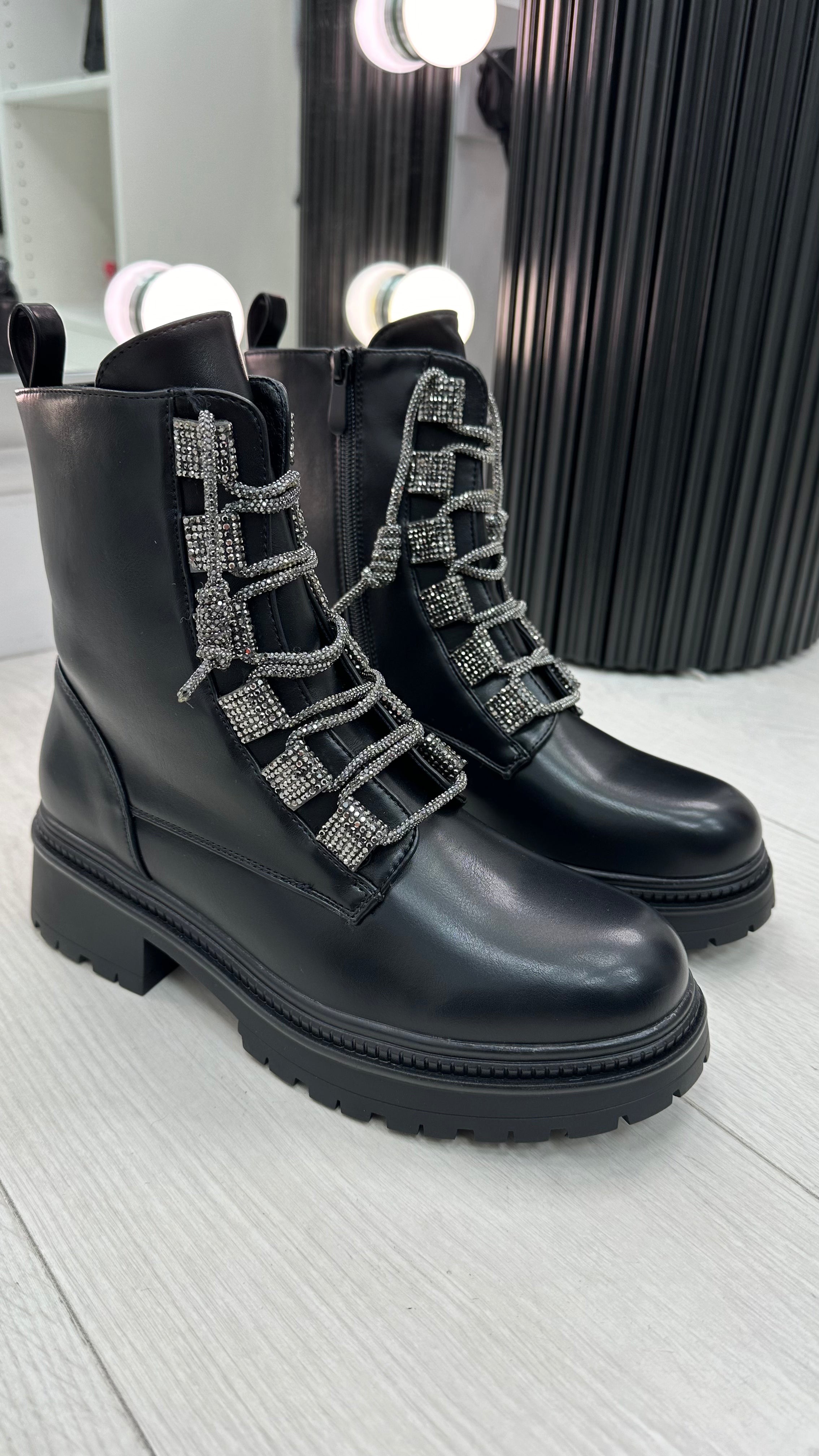 Kayley Faux Leather Diamante Lace Biker Boots