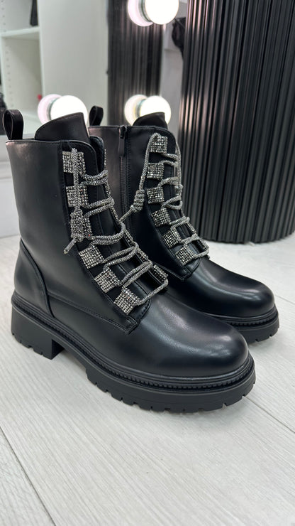 Kayley Faux Leather Diamante Lace Biker Boots