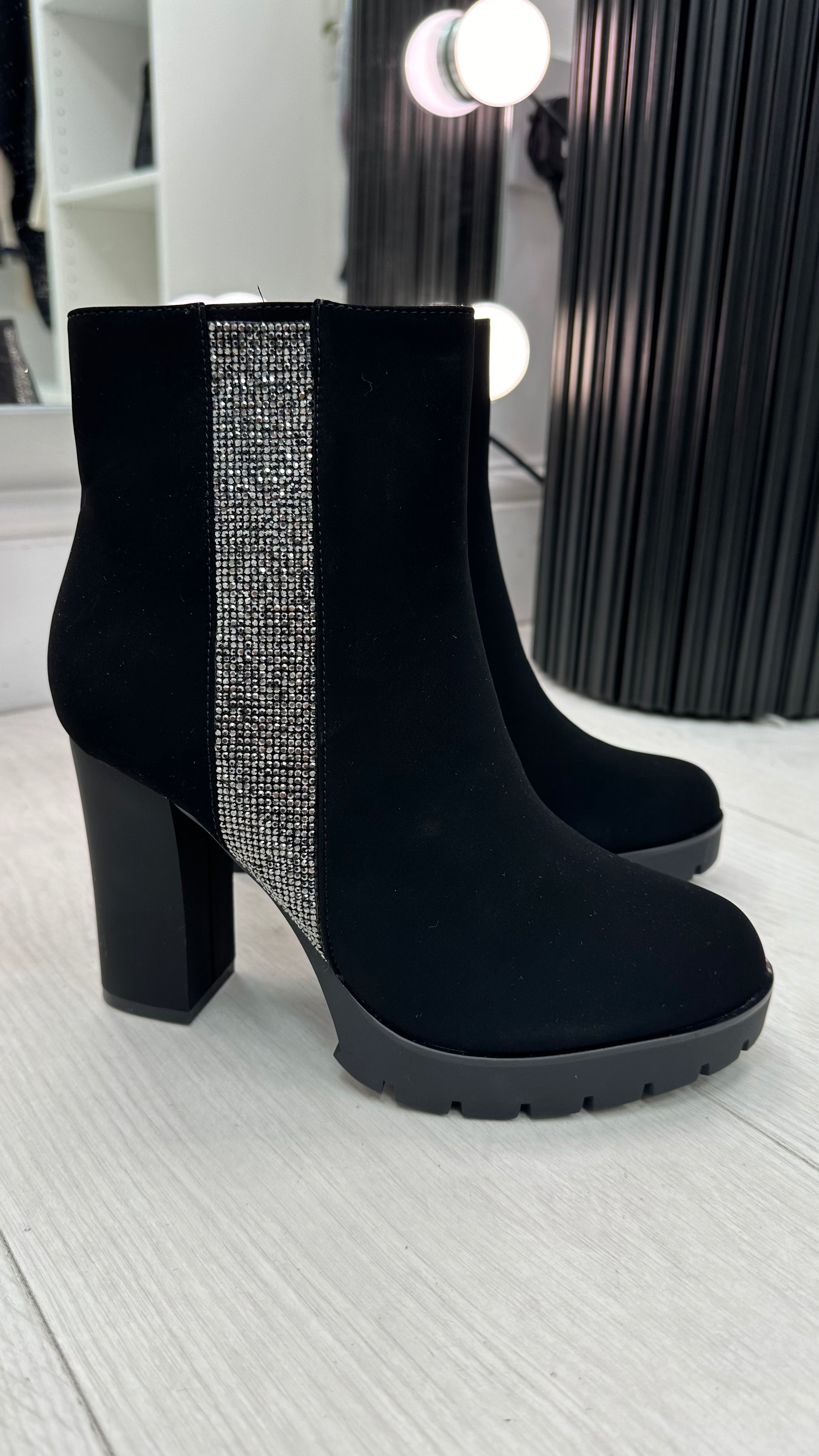 Pranavi Black Faux Suede Sparkle Side Panel Boot