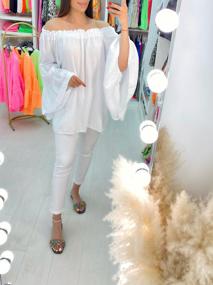 Delaney Cheesecloth Bardot Ruffle Sleeve Smock Top