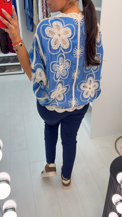 Philipa Crochet Detailed Batwing Denim Cardigan