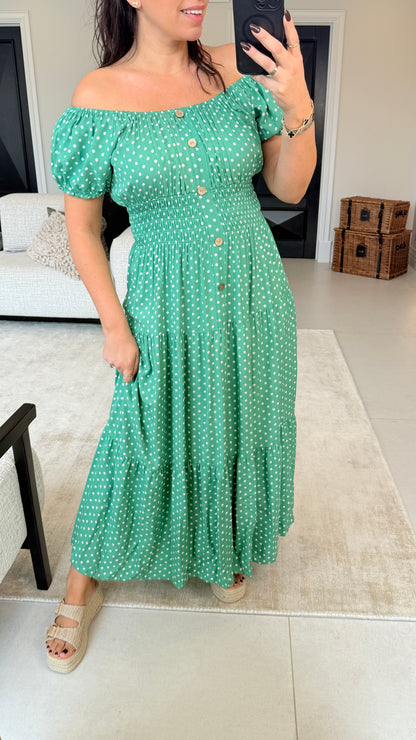 Jena Polka Dot Shirred Waist Maxi Dress