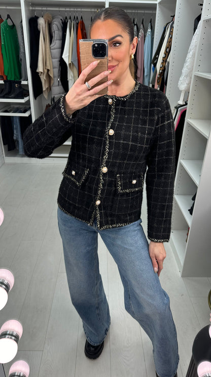 Stasia Fluffy Checkered Pearl Detailed Cardigan