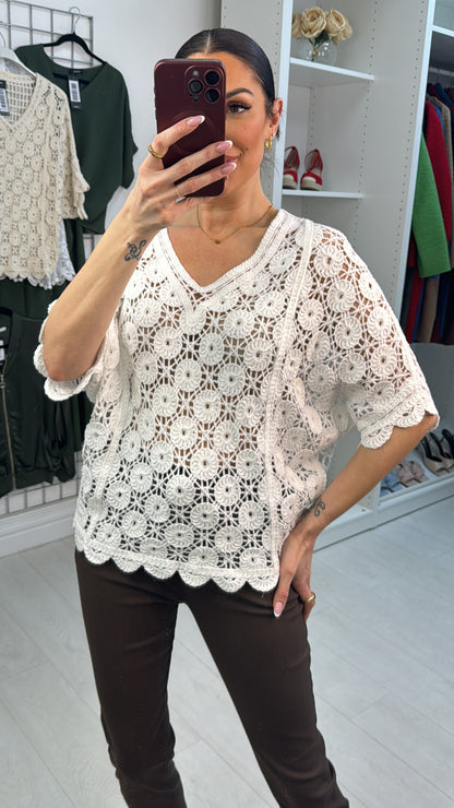 Raleigh V Neck Batwing Crochet Top