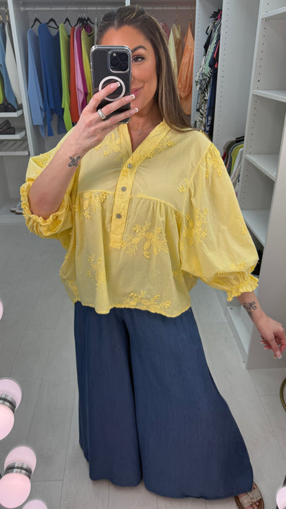 Shirley Plain Floral Embroidered Ballon Sleeve Blouse