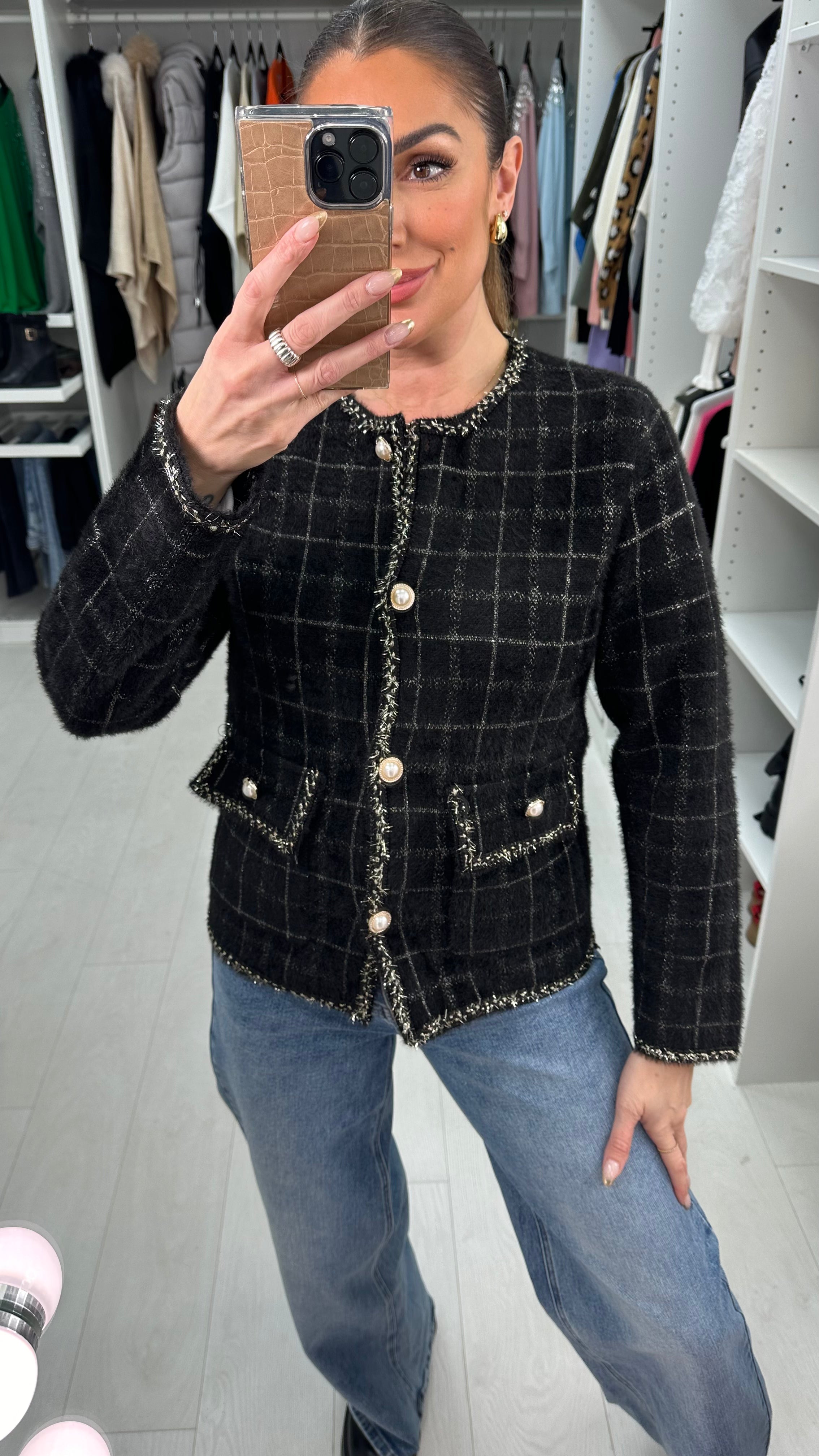 Stasia Fluffy Checkered Pearl Detailed Cardigan