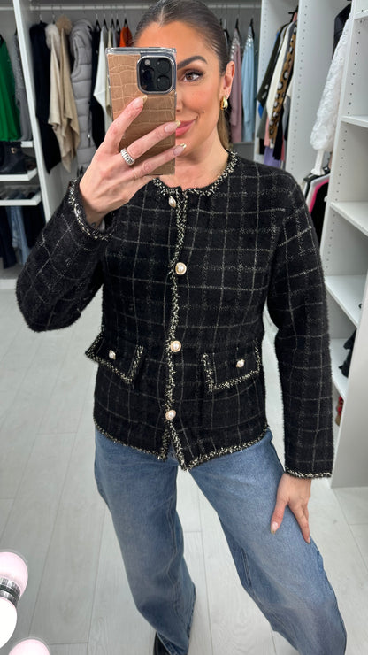 Stasia Fluffy Checkered Pearl Detailed Cardigan