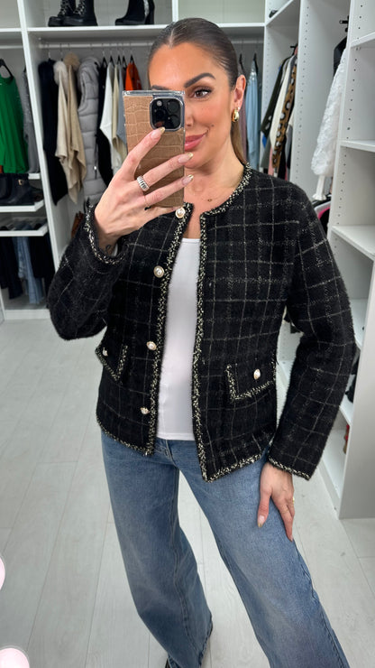 Stasia Fluffy Checkered Pearl Detailed Cardigan