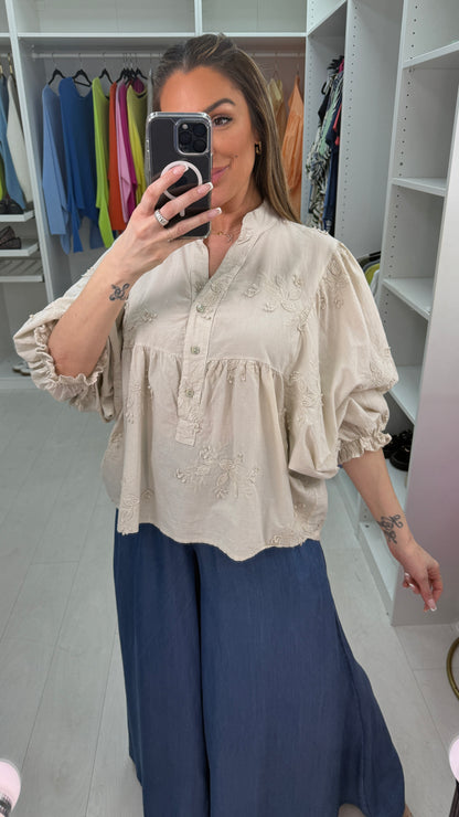 Shirley Plain Floral Embroidered Ballon Sleeve Blouse