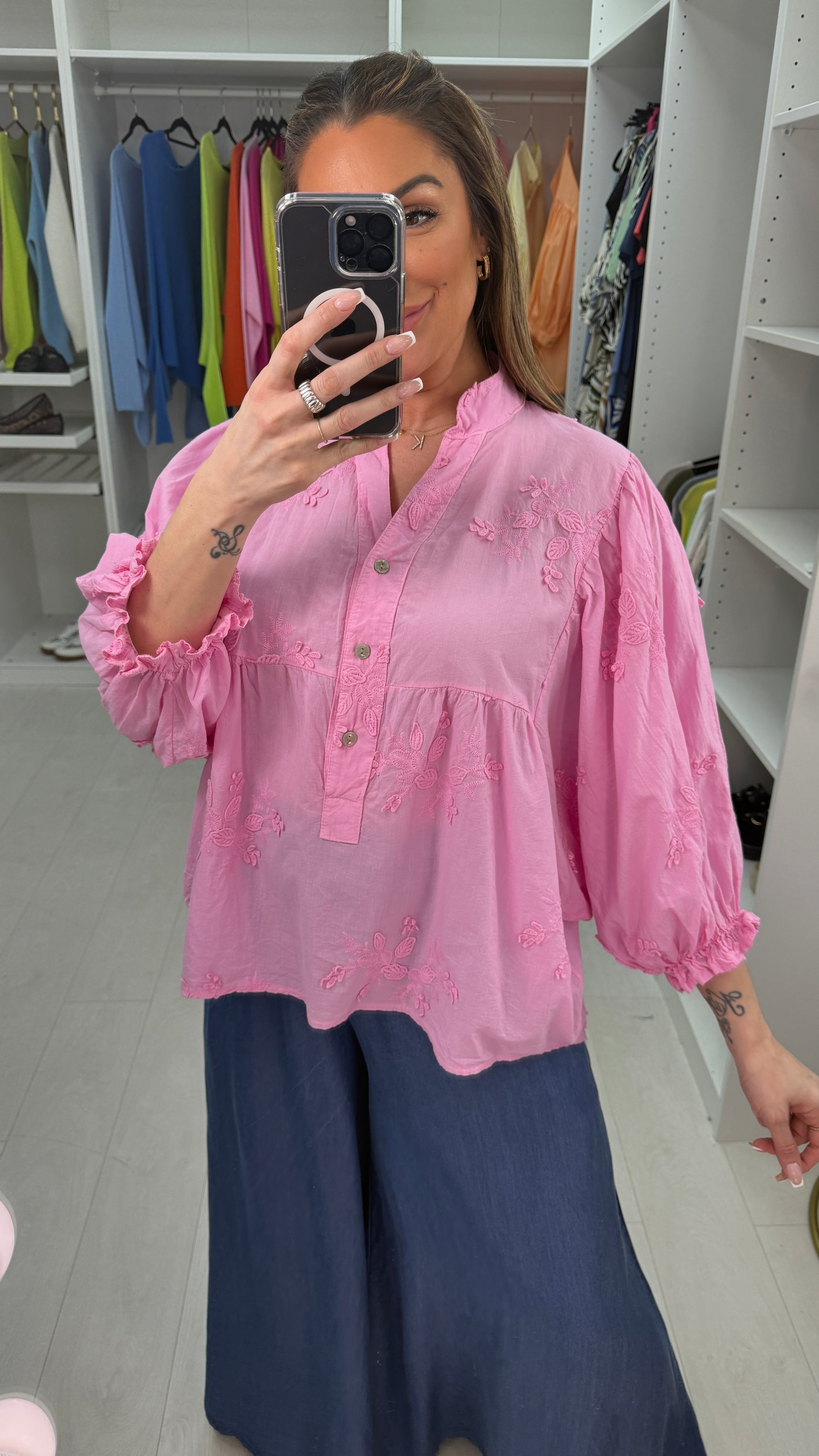 Shirley Plain Floral Embroidered Ballon Sleeve Blouse