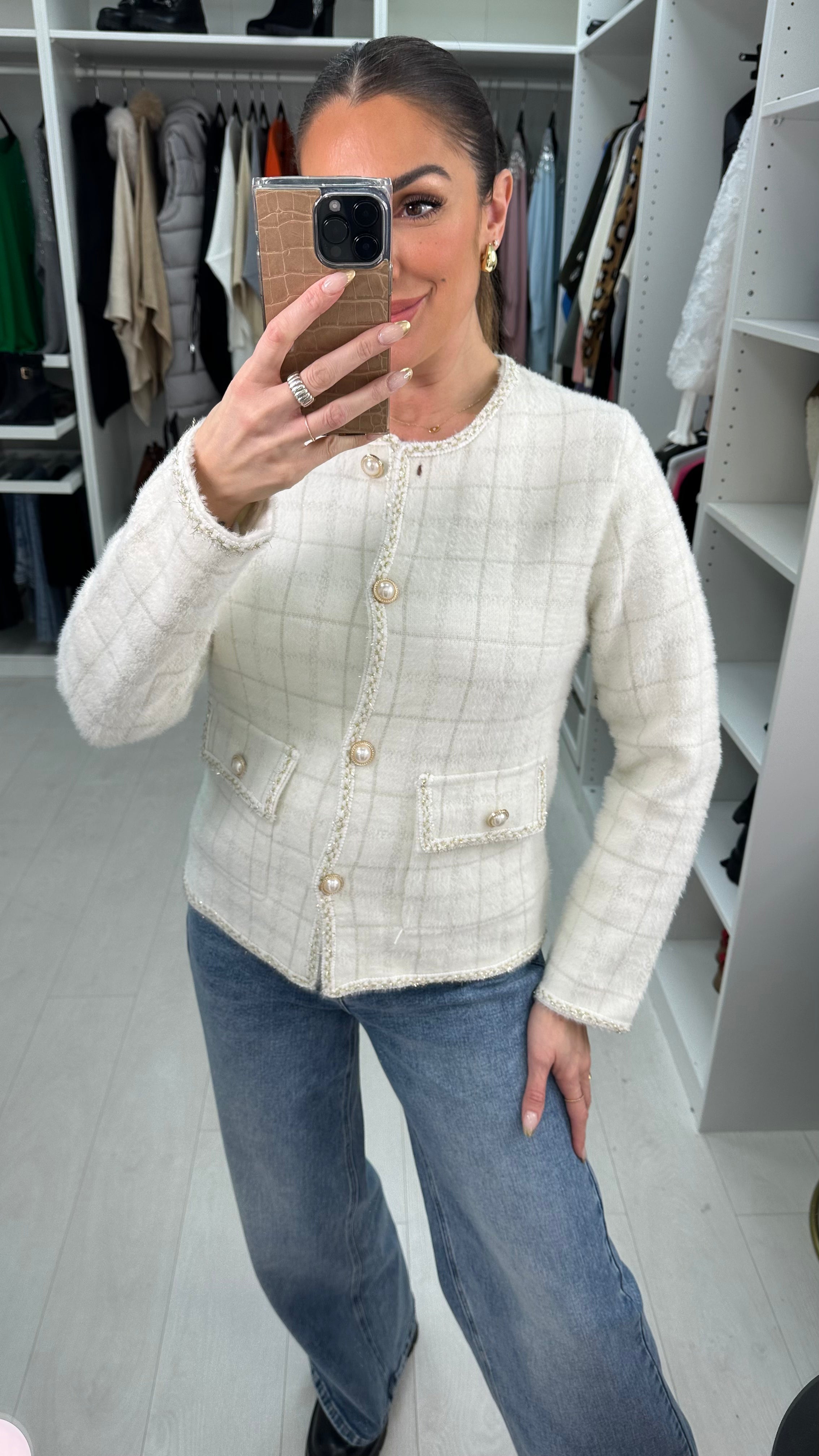 Stasia Fluffy Checkered Pearl Detailed Cardigan