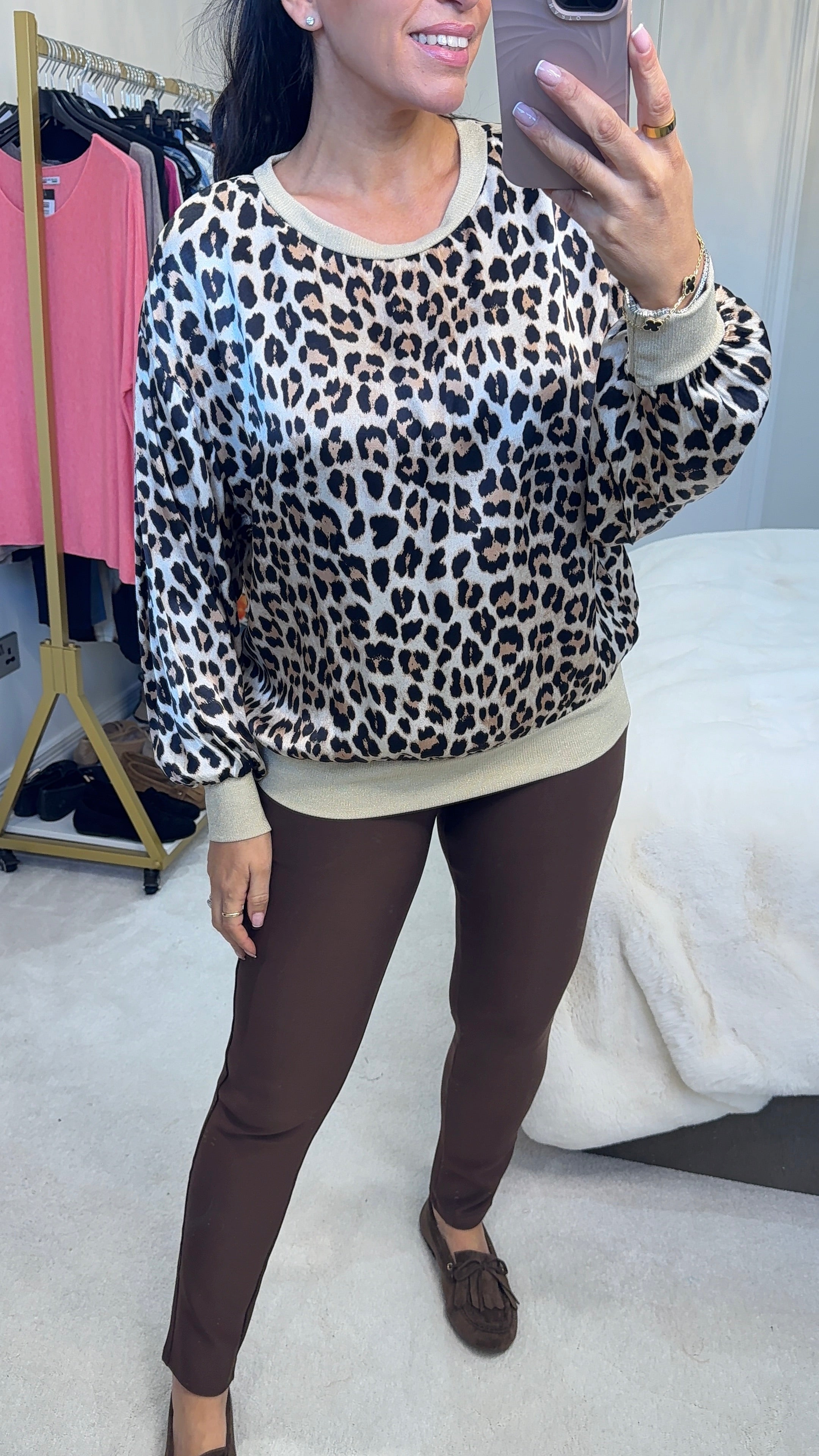 Kyrah Leopard Print Lurex Hem Satin Top