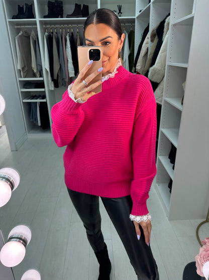 Holland Ribbed Crochet Lace Turtle Neck Detailed Knit Jumper