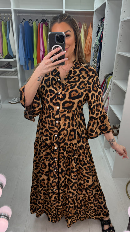 Fleur Camel Leopard Print Smock Maxi Dress