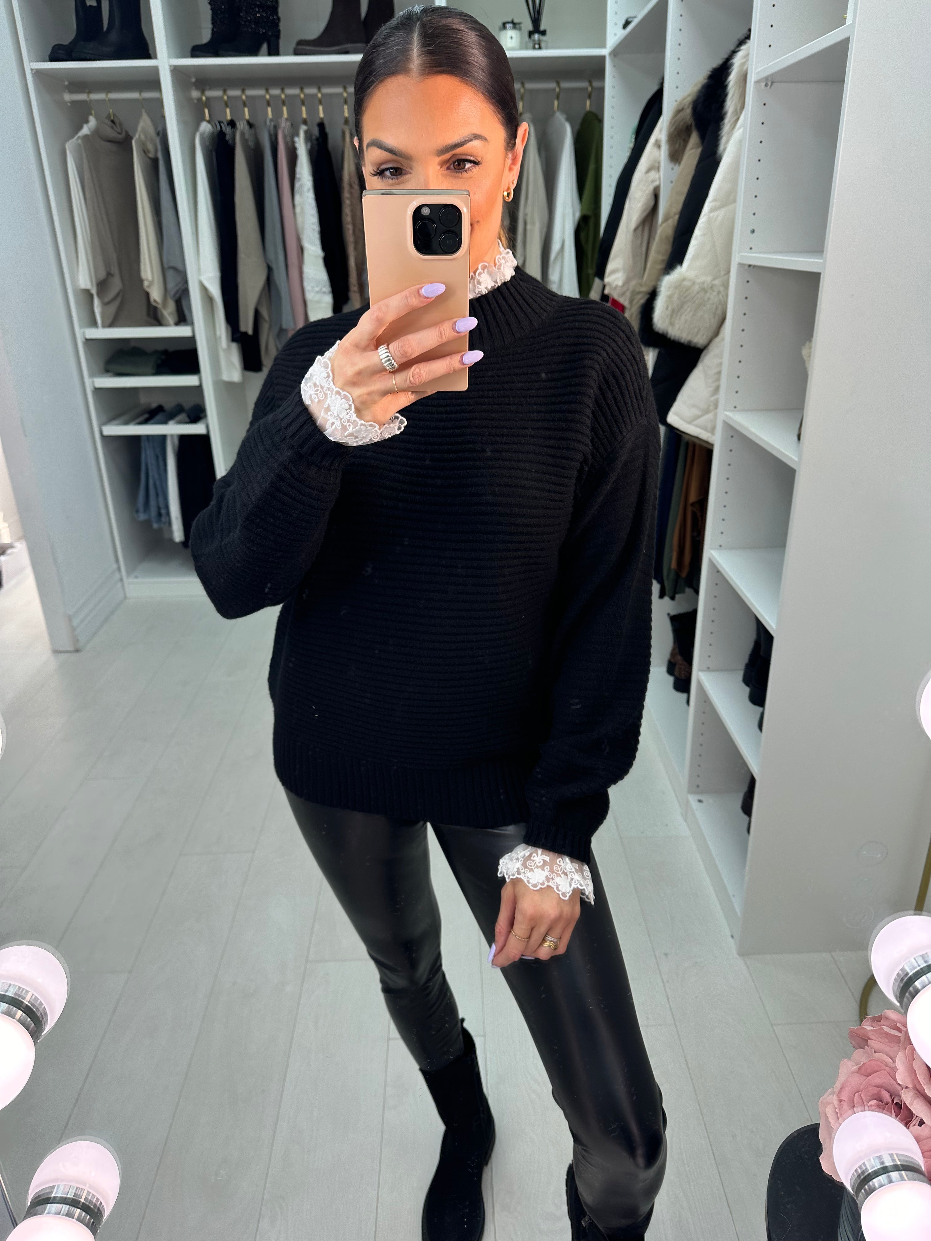 Holland Ribbed Crochet Lace Turtle Neck Detailed Knit Jumper