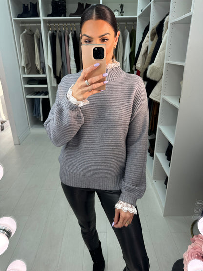 Holland Ribbed Crochet Lace Turtle Neck Detailed Knit Jumper