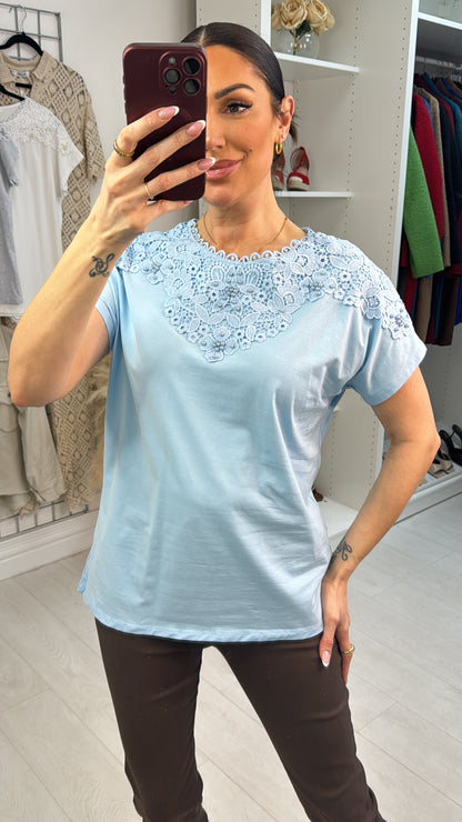 Livia Plain Pearl & Lace Detailed T-Shirt