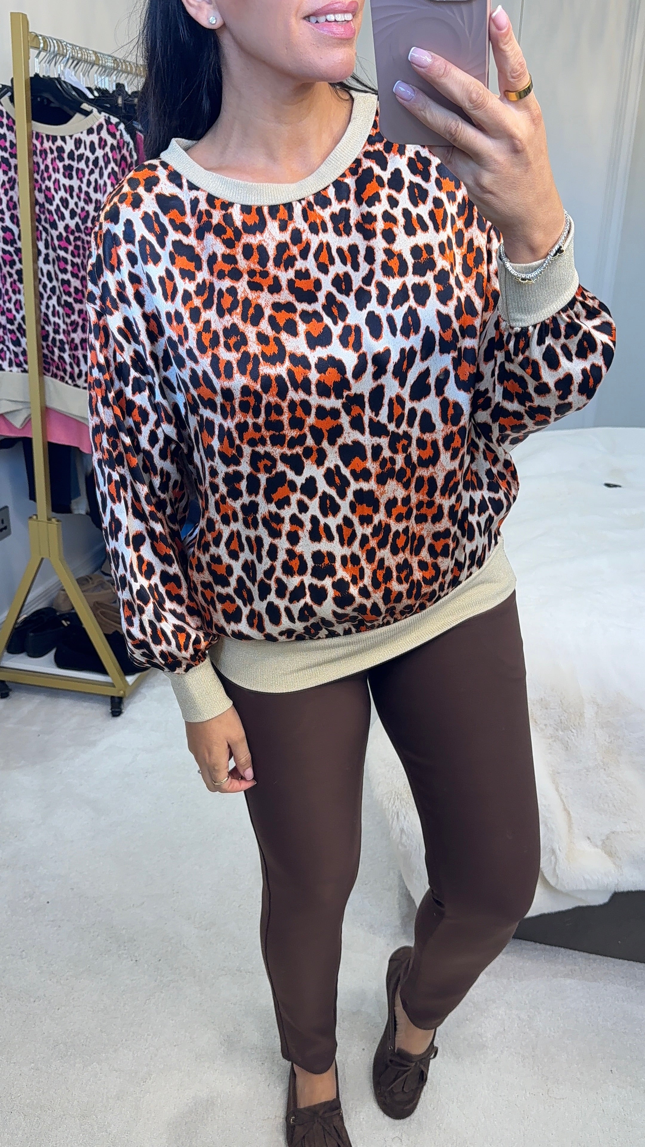 Kyrah Leopard Print Lurex Hem Satin Top