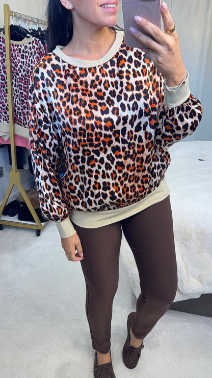Kyrah Leopard Print Lurex Hem Satin Top