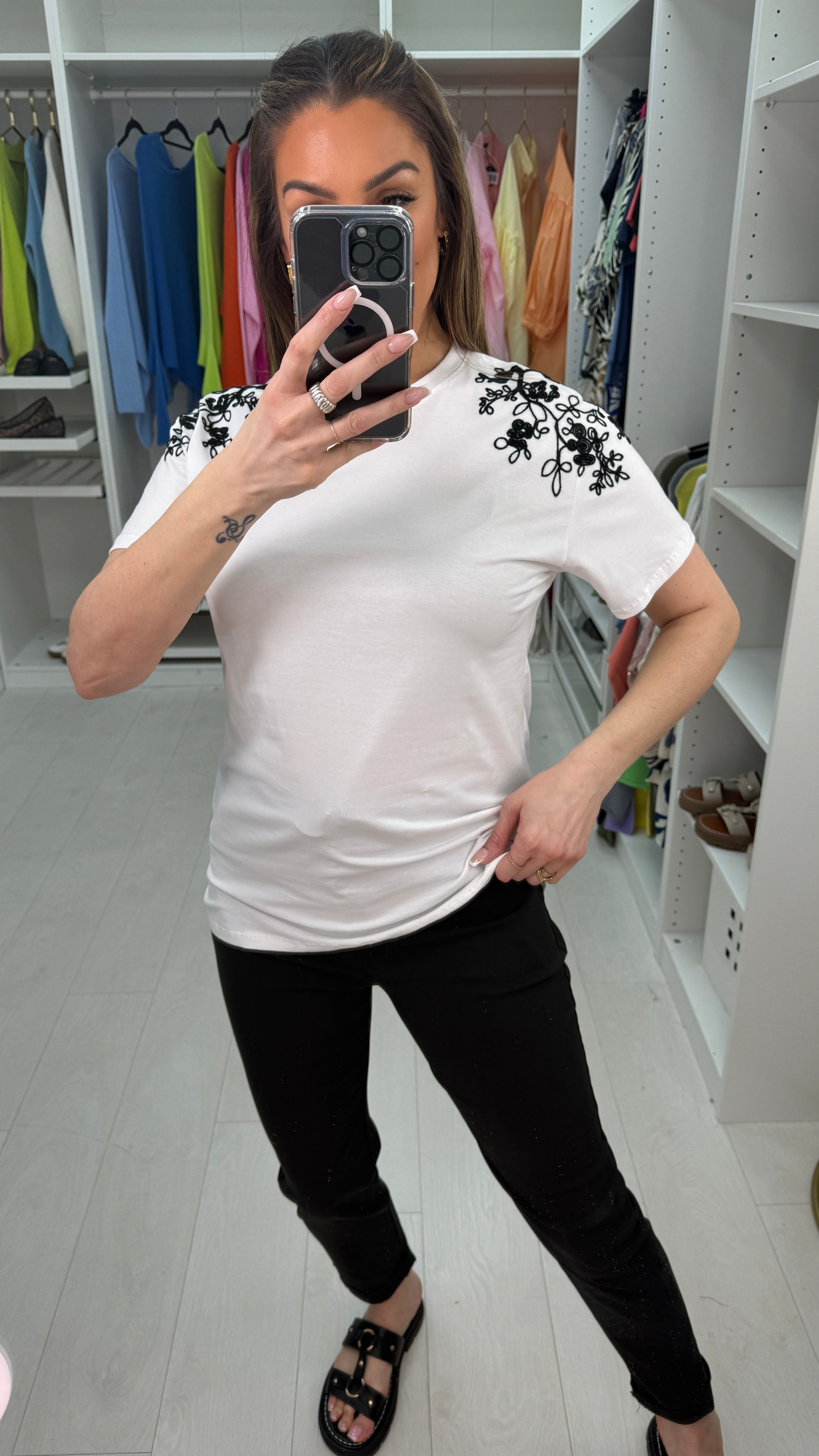 Beckie Plain Embroidered Shoulder Detail T-Shirt