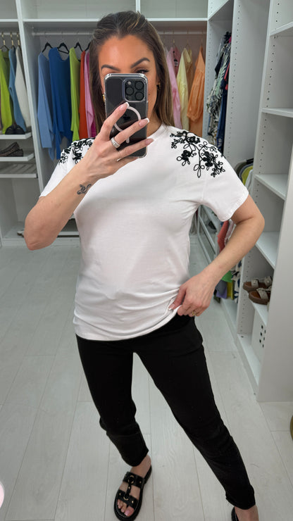 Beckie Plain Embroidered Shoulder Detail T-Shirt
