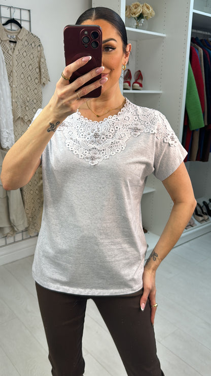 Livia Plain Pearl & Lace Detailed T-Shirt