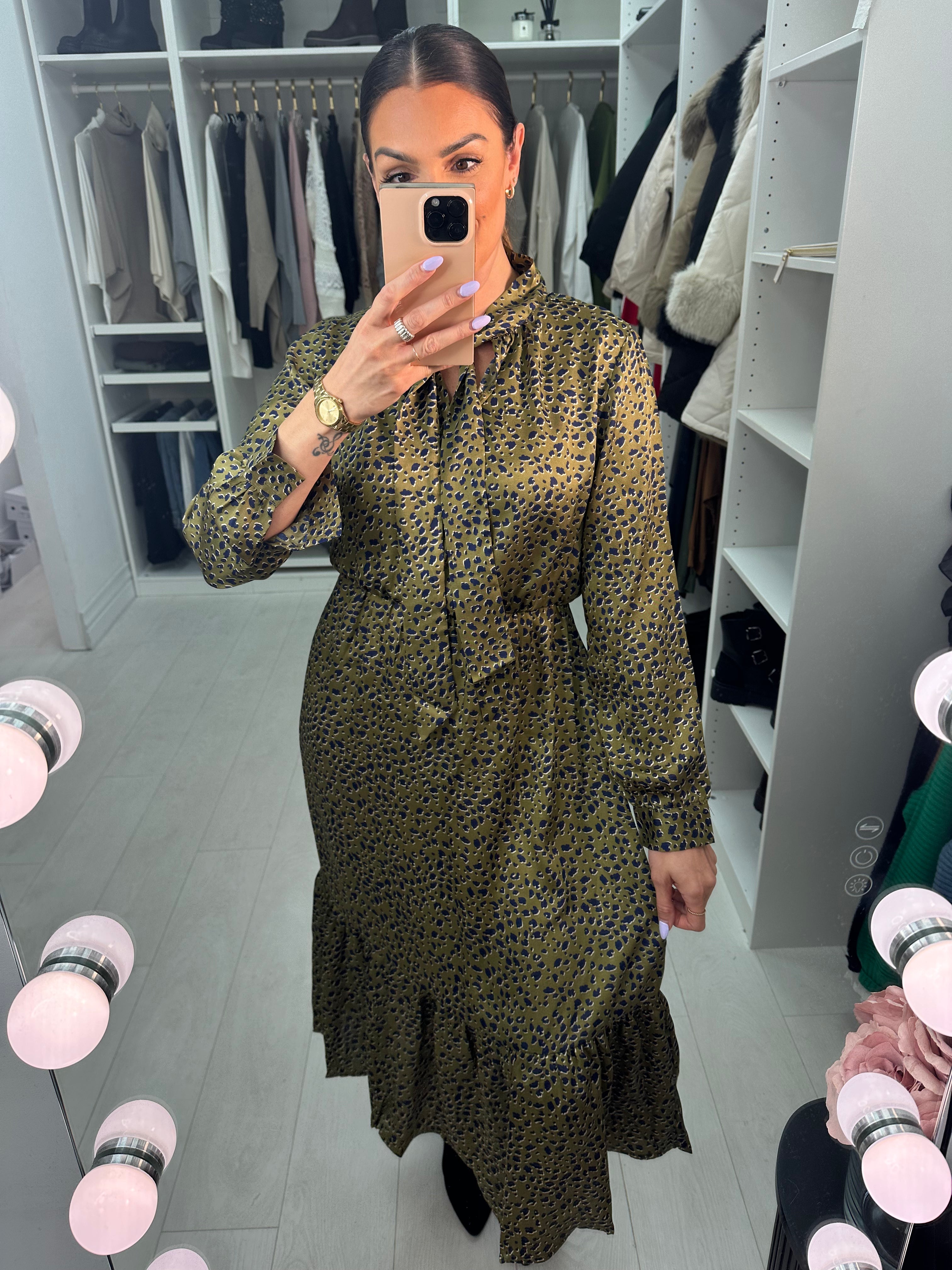 Otille Cheetah Print Tie Bow Tiered Silky Midi Dress