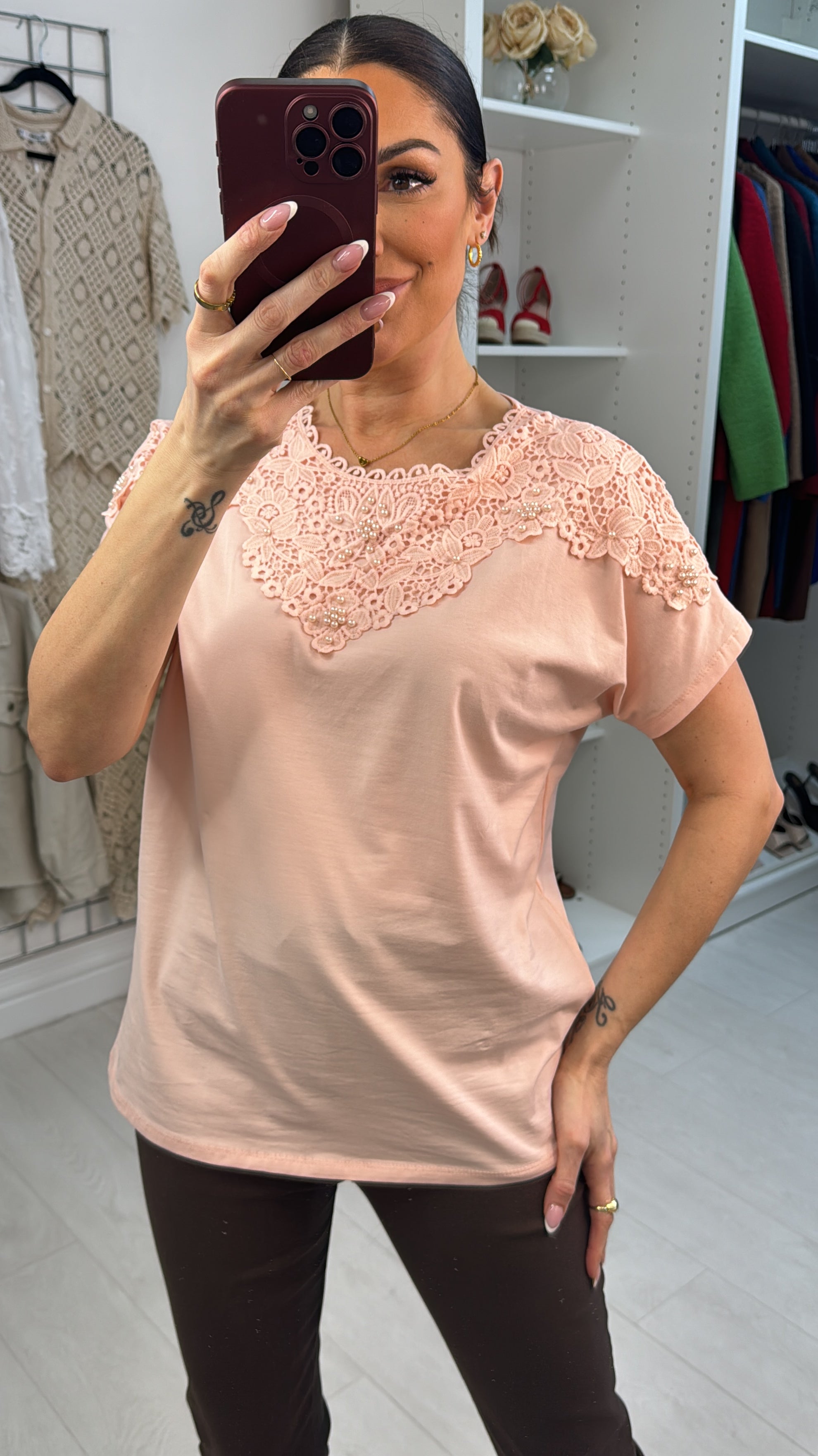 Livia Plain Pearl & Lace Detailed T-Shirt