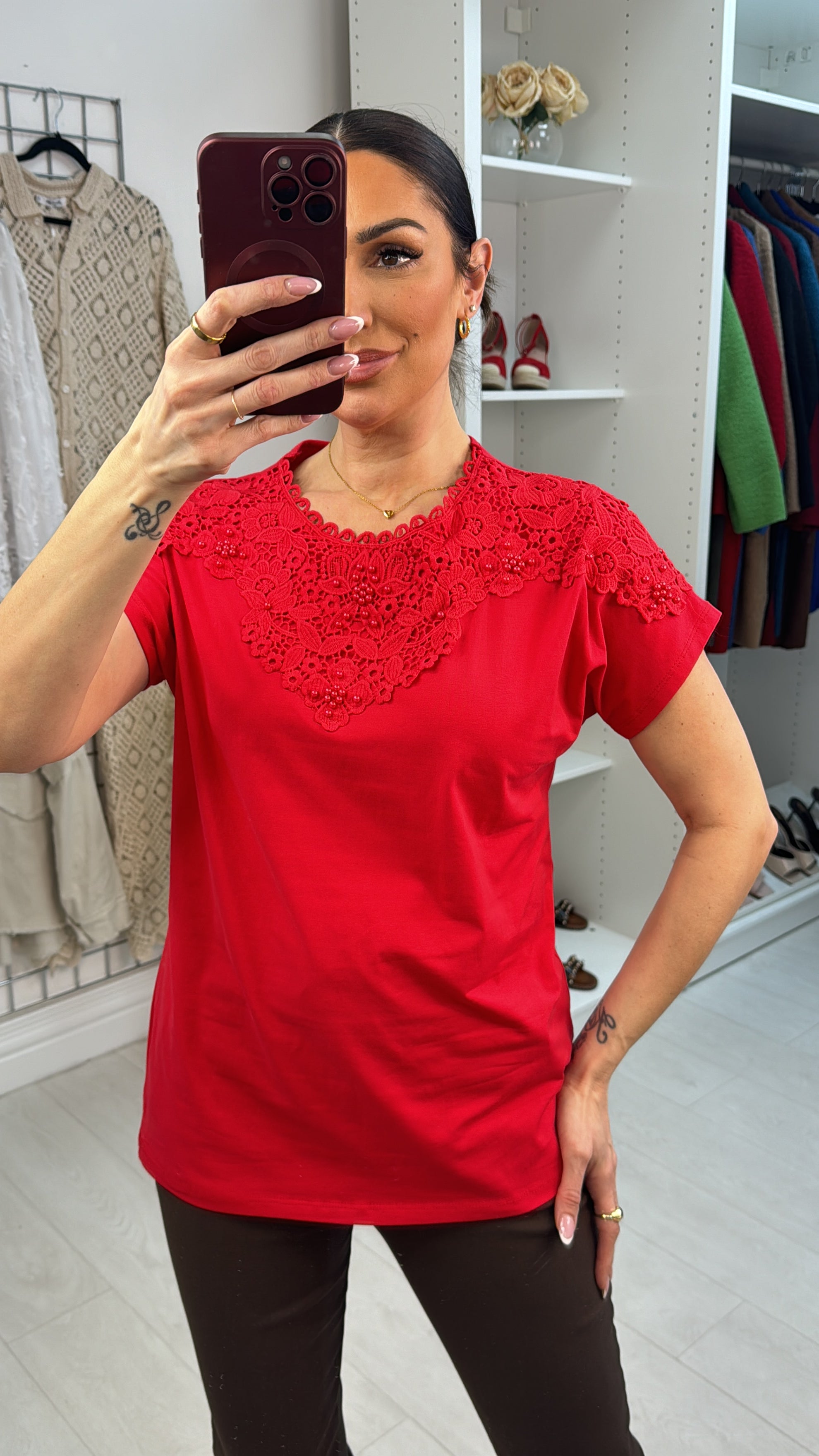 Livia Plain Pearl & Lace Detailed T-Shirt