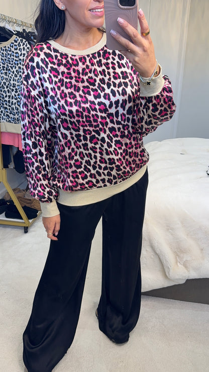Kyrah Leopard Print Lurex Hem Satin Top