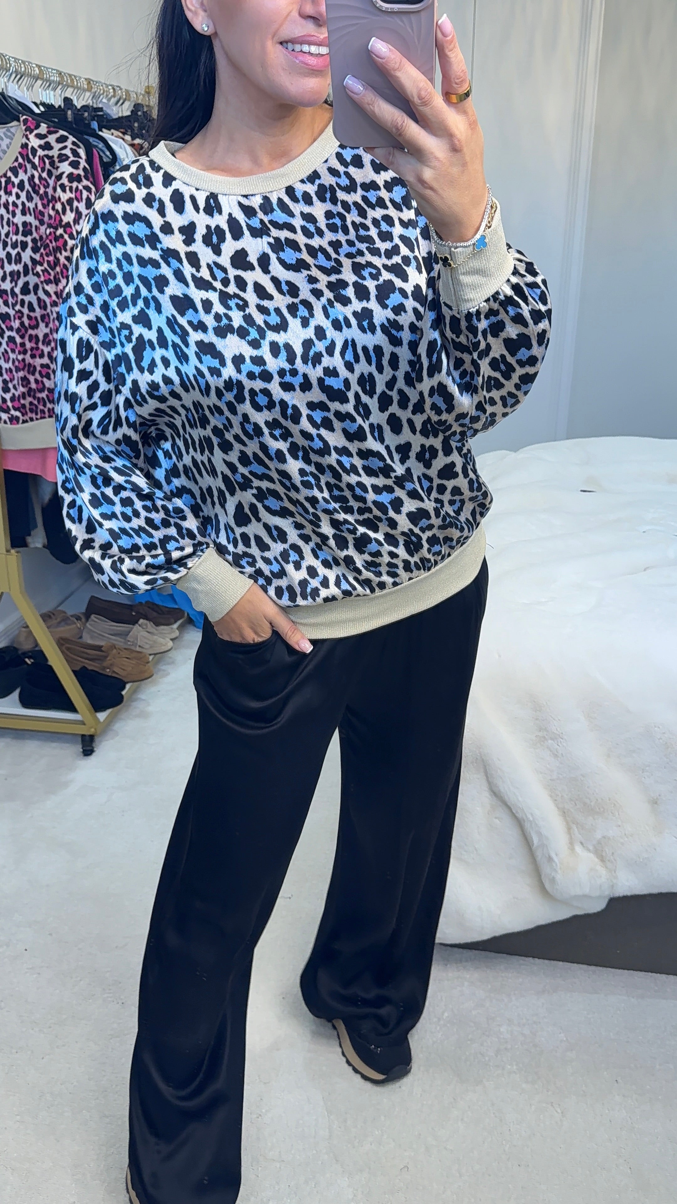 Kyrah Leopard Print Lurex Hem Satin Top